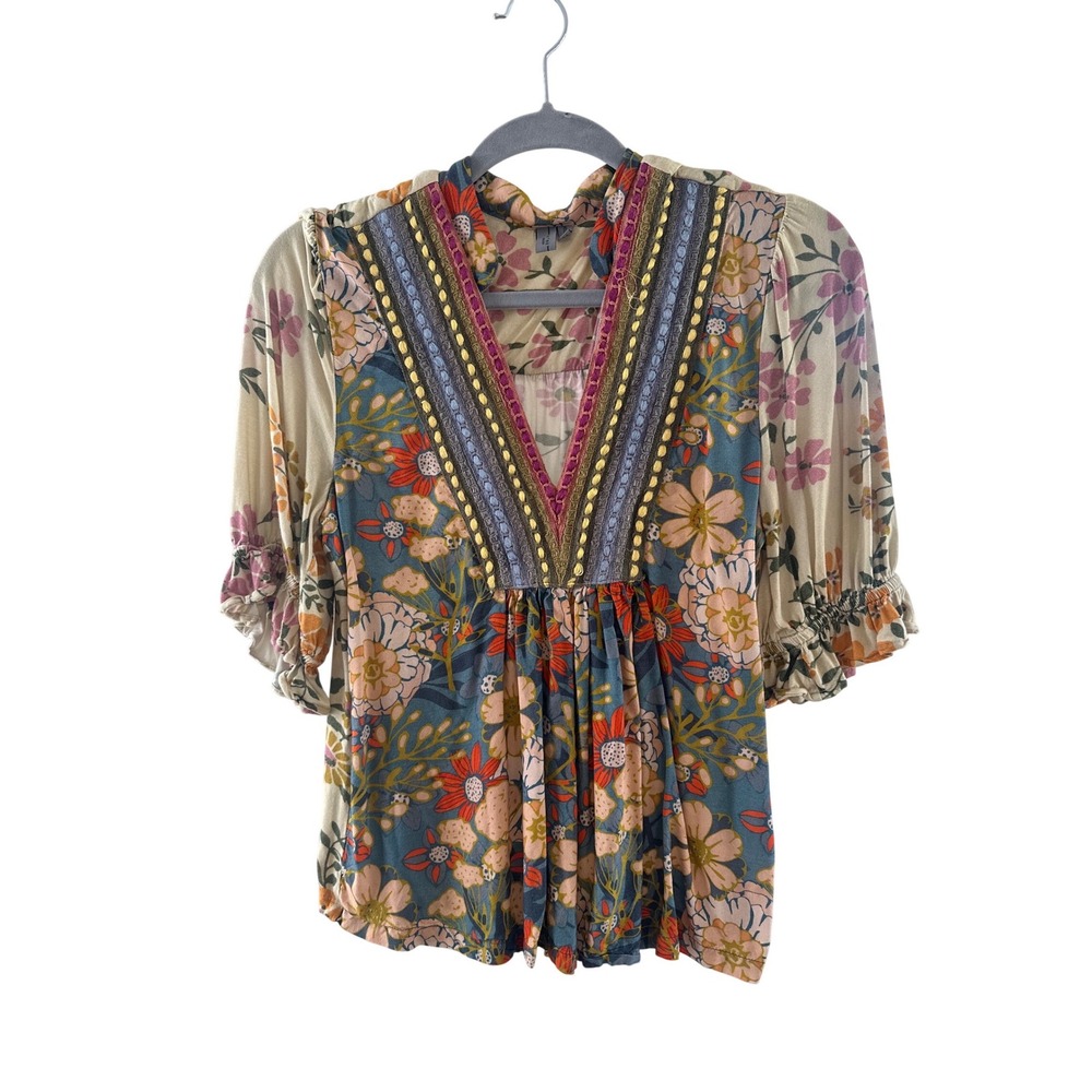Bl^Nk London Floral Embroidered V-Neck Blouse Ruffle Sleeve Boho Top Medium